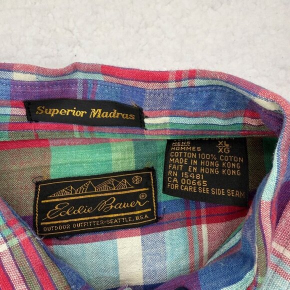 VTG 1980s Eddie Bauer Superior Madras Plaid Button Up Shirt SS Mens XL Preppy - Picture 8 of 13